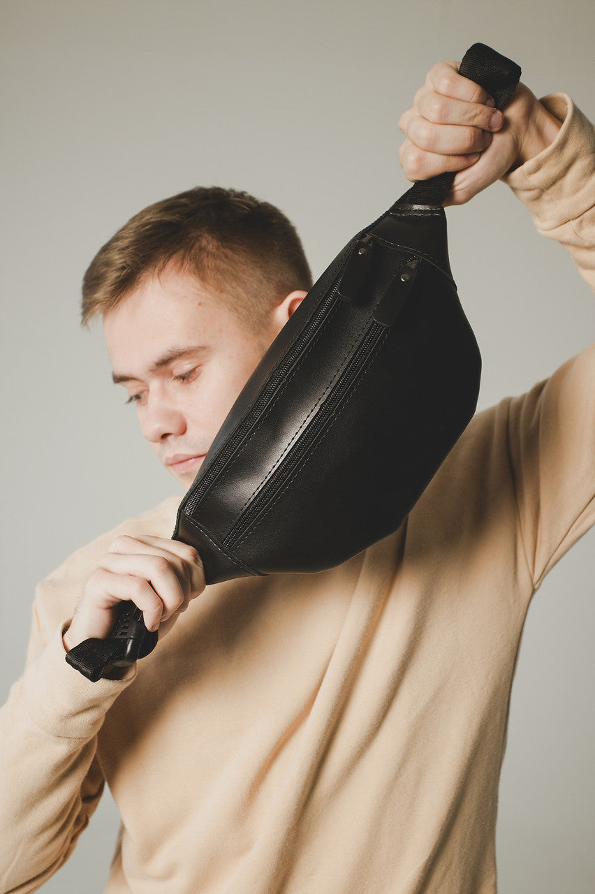 Mens Black Banana Bag Handmade Gift for Him PU Leather Waist Bag
