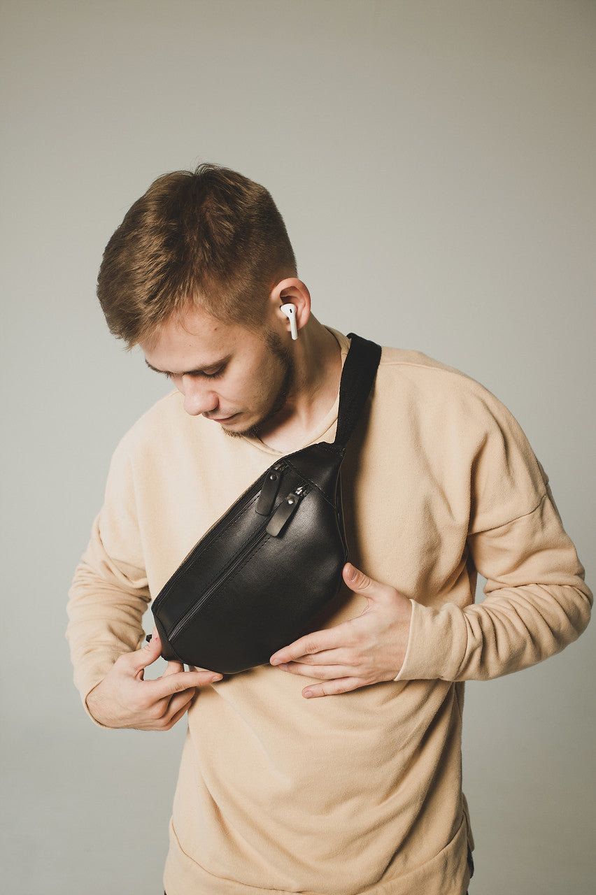Mens Black Banana Bag Handmade Gift for Him PU Leather Waist Bag