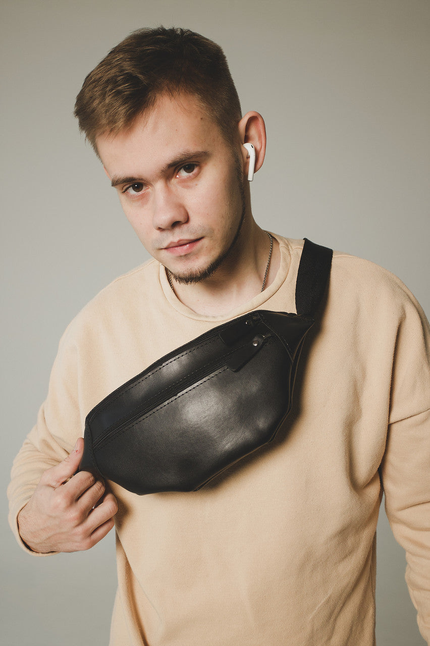 Mens Black Banana Bag Handmade Gift for Him PU Leather Waist Bag