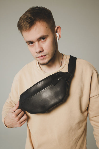 Mens Black Banana Bag Handmade Gift for Him PU Leather Waist Bag