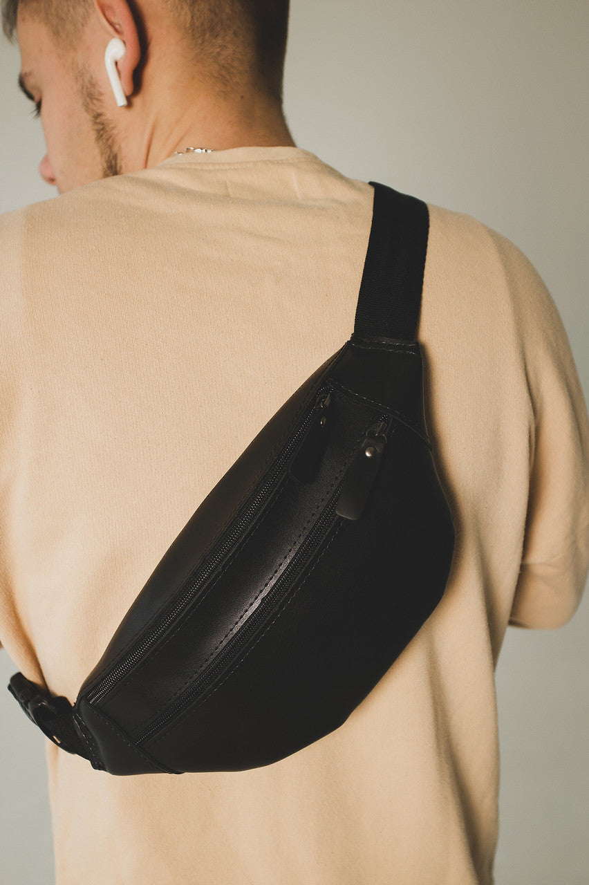 Mens Black Banana Bag Handmade Gift for Him PU Leather Waist Bag