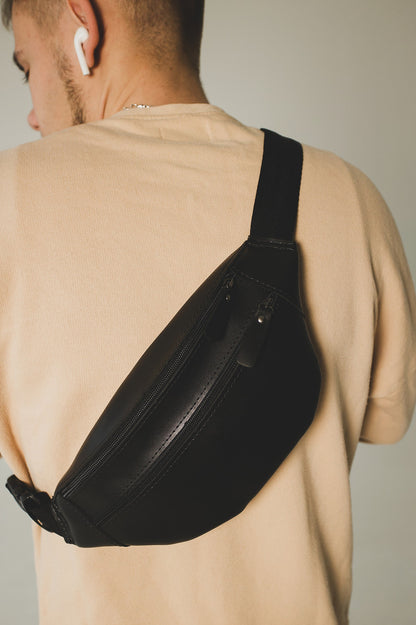 Mens Black Banana Bag Handmade Gift for Him PU Leather Waist Bag