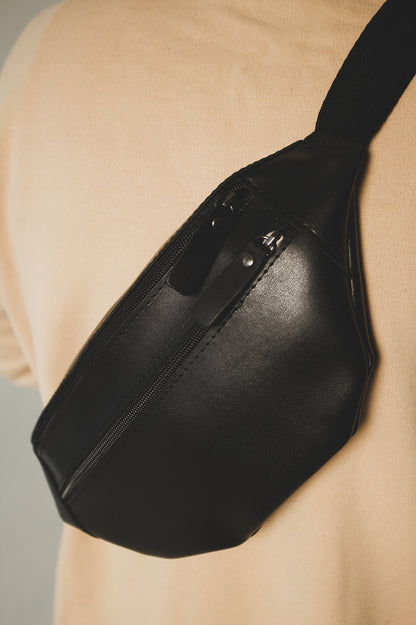 Mens Black Banana Bag Handmade Gift for Him PU Leather Waist Bag