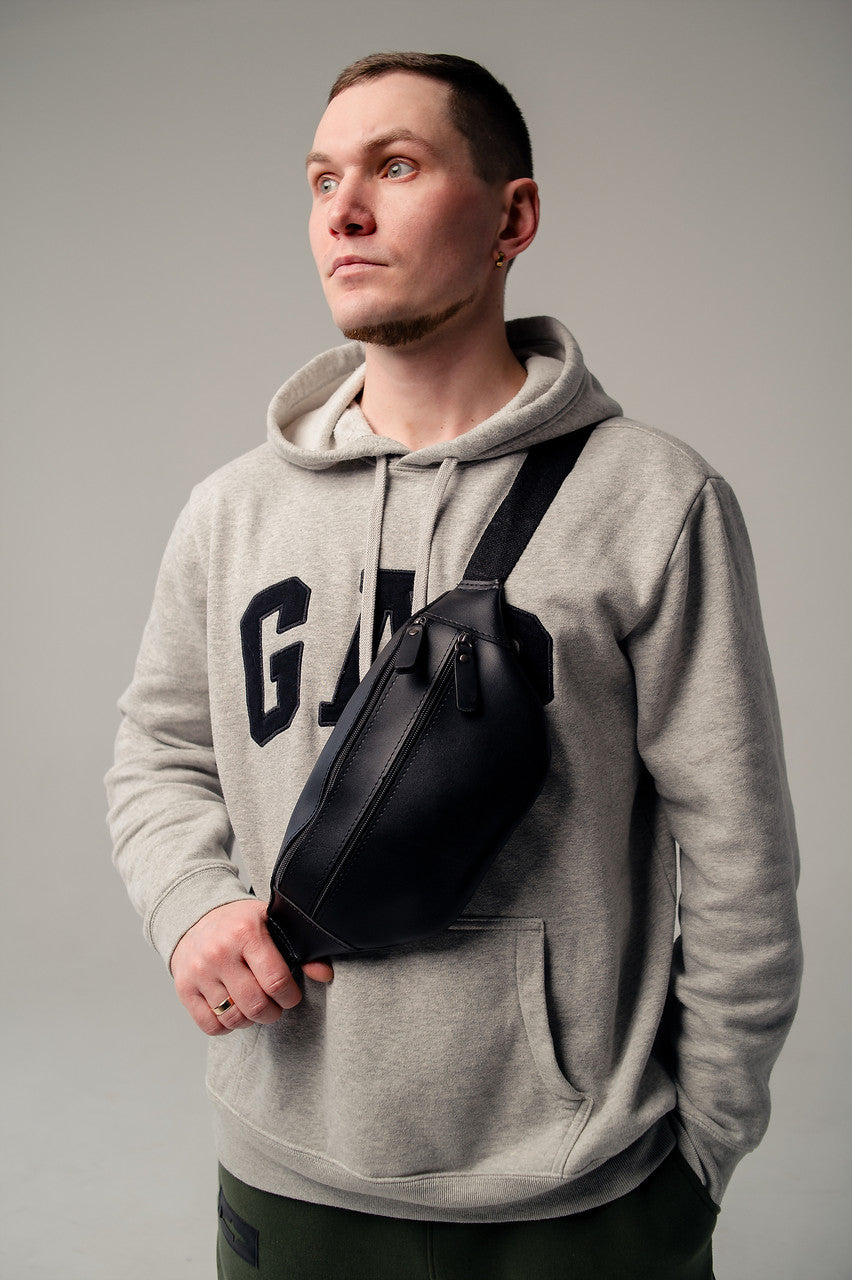 Black Handmade PU Leather Mens Belt Bag Waist Bag Gift for Him