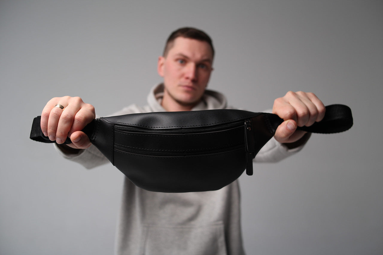 Black Handmade PU Leather Mens Belt Bag Waist Bag Gift for Him