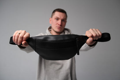 Black Handmade PU Leather Mens Belt Bag Waist Bag Gift for Him