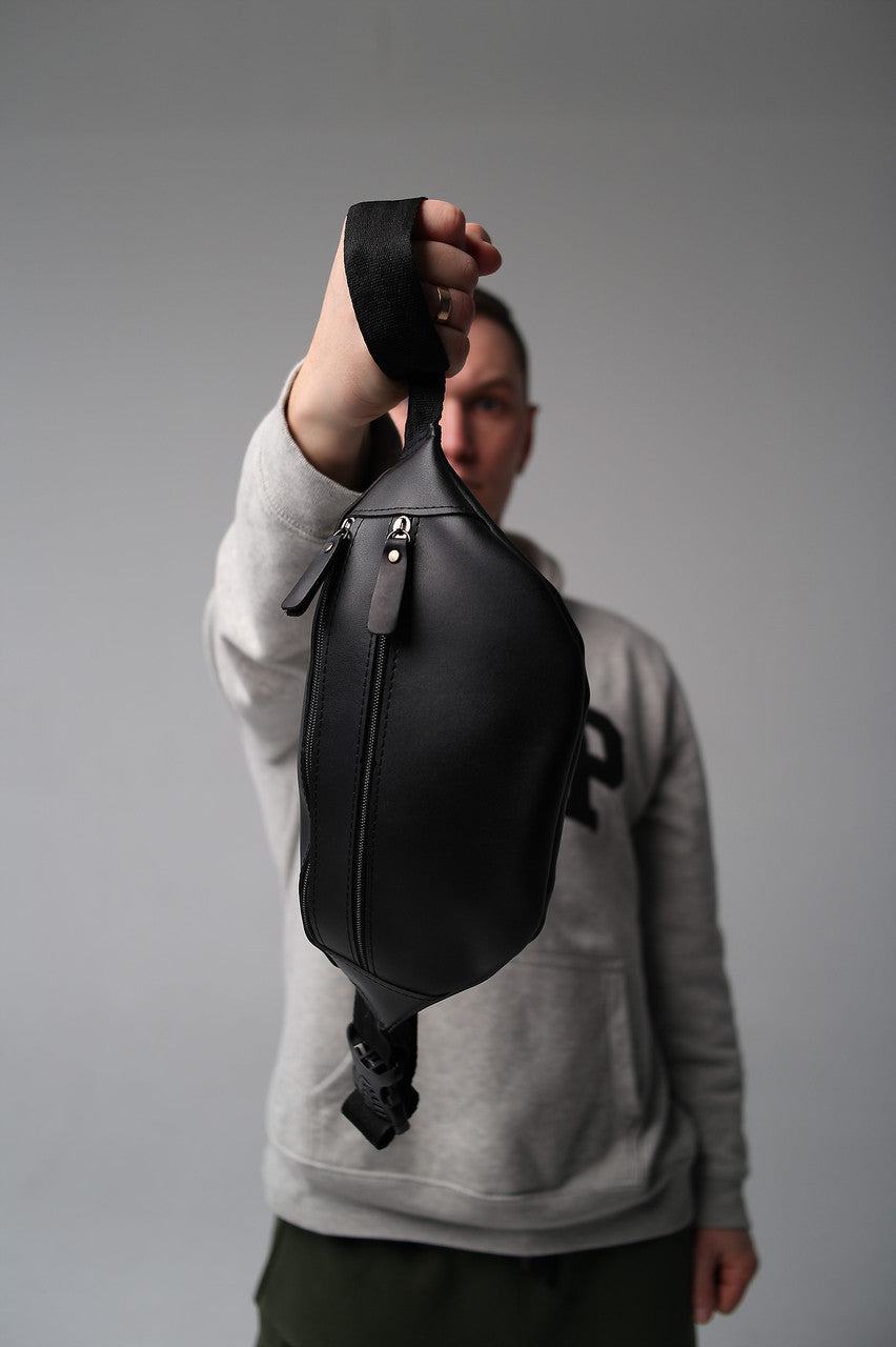 Black Handmade PU Leather Mens Belt Bag Waist Bag Gift for Him