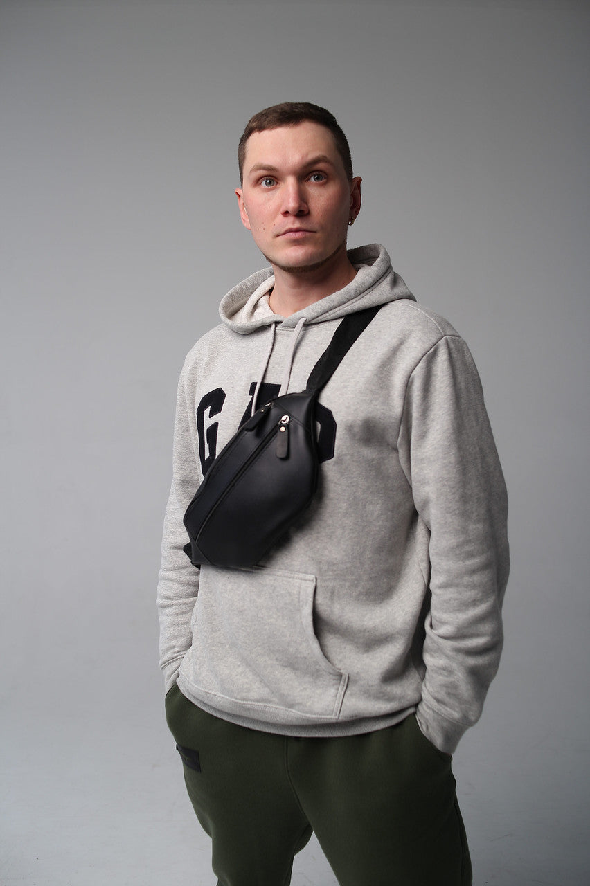Black Handmade PU Leather Mens Belt Bag Waist Bag Gift for Him