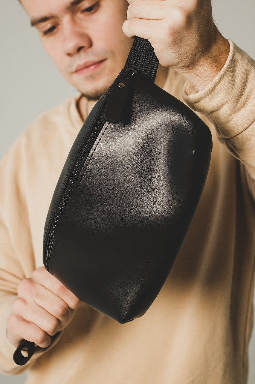 Handmade Mens Black PU Leather Banana Bag Gift For Him