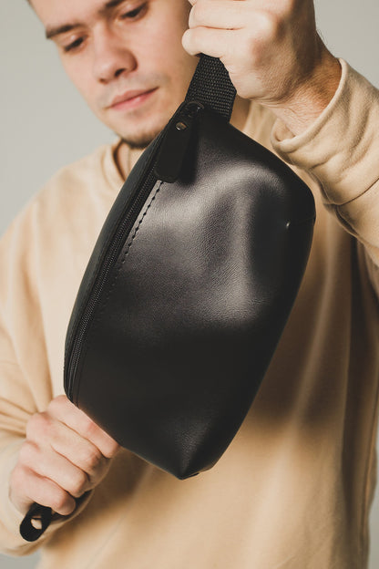 Handmade Mens Black PU Leather Banana Bag Gift For Him