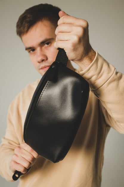 Handmade Mens Black PU Leather Banana Bag Gift For Him