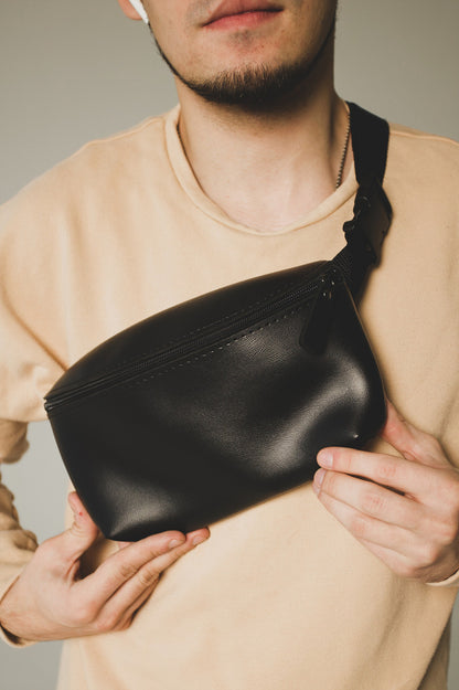 Handmade Mens Black PU Leather Banana Bag Gift For Him