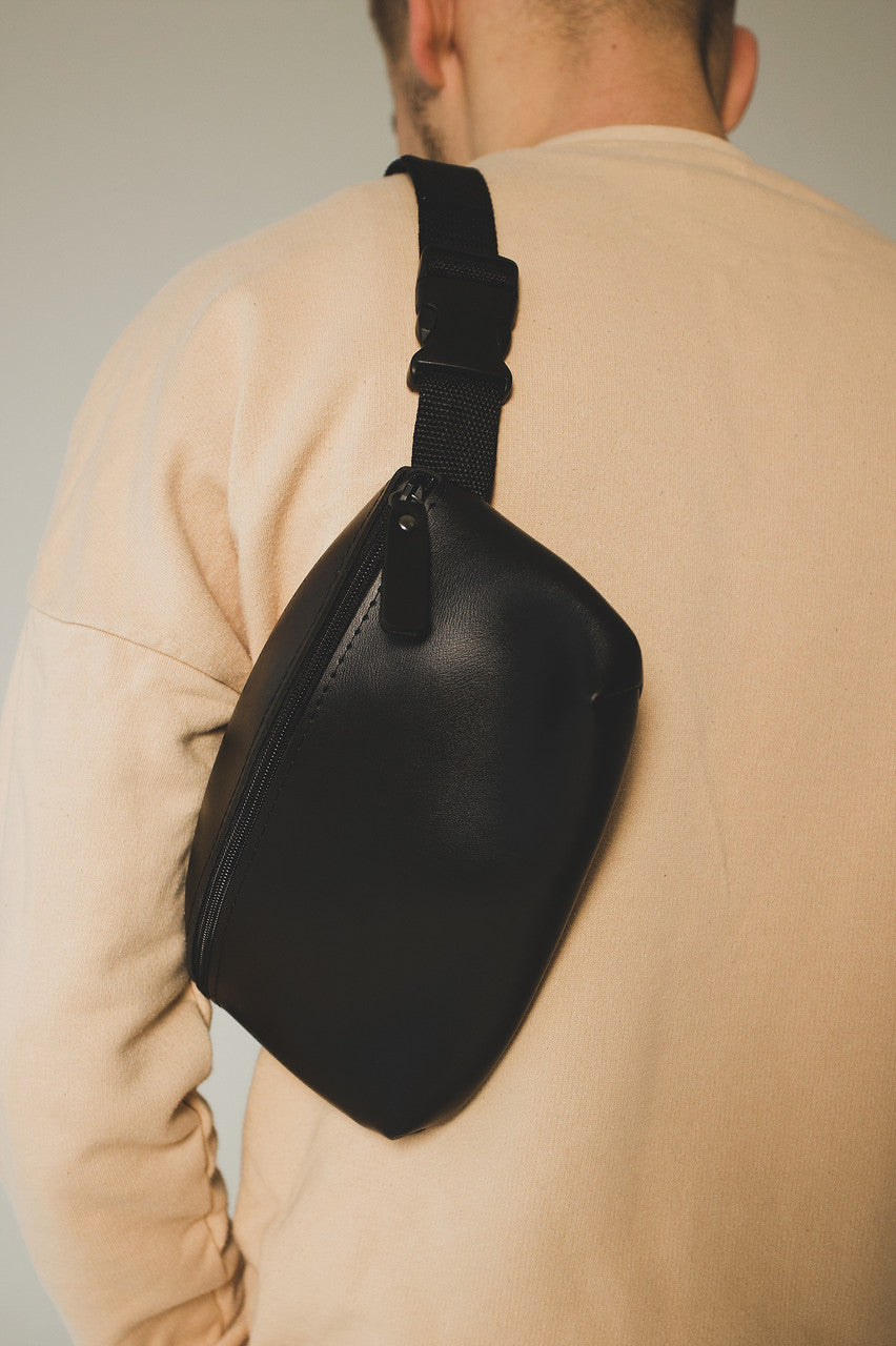 Handmade Mens Black PU Leather Banana Bag Gift For Him