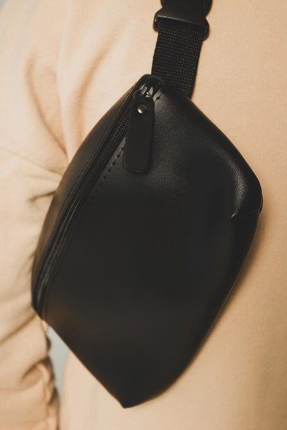 Handmade Mens Black PU Leather Banana Bag Gift For Him