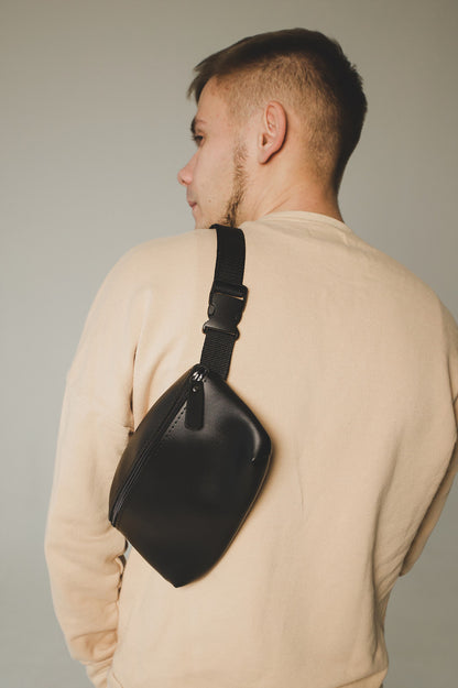 Handmade Mens Black PU Leather Banana Bag Gift For Him