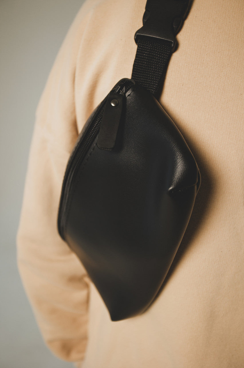 Handmade Mens Black PU Leather Banana Bag Gift For Him