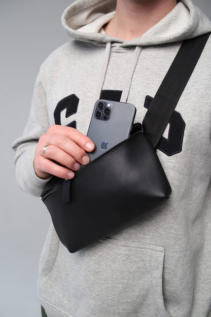 Handmade Black Mens Belt Bag PU Leather Waist Bag Gift for Him