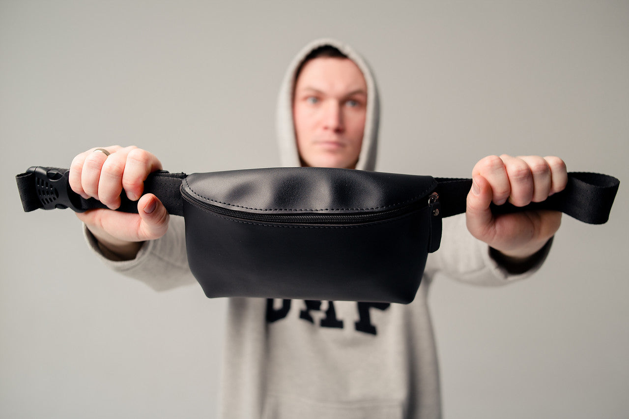 Handmade Black Mens Belt Bag PU Leather Waist Bag Gift for Him