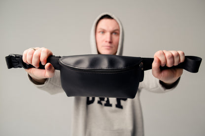 Handmade Black Mens Belt Bag PU Leather Waist Bag Gift for Him