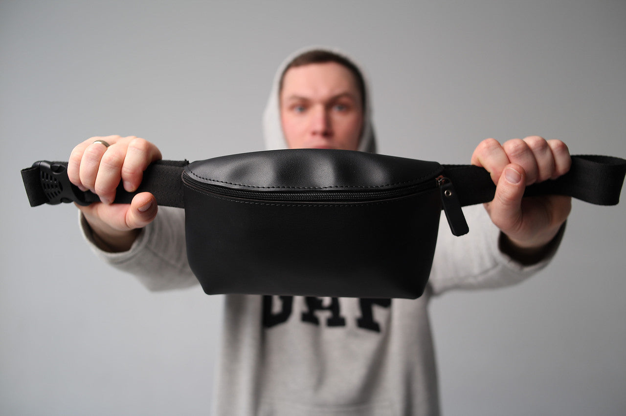 Handmade Black Mens Belt Bag PU Leather Waist Bag Gift for Him