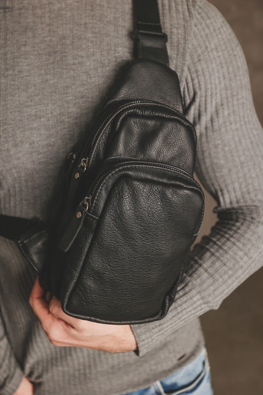 Handmade Black Genuine Leather Mens Sling Bag Gift for Him