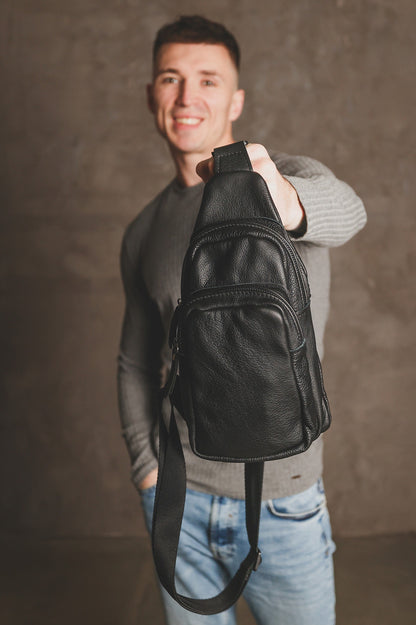 Handmade Black Genuine Leather Mens Sling Bag Gift for Him