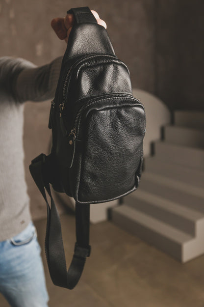 Handmade Black Genuine Leather Mens Sling Bag Gift for Him