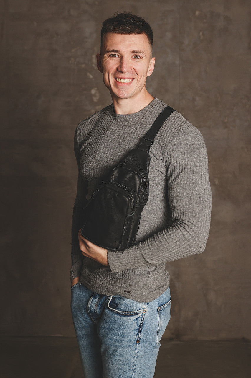 Handmade Black Genuine Leather Mens Sling Bag Gift for Him
