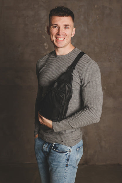 Handmade Black Genuine Leather Mens Sling Bag Gift for Him