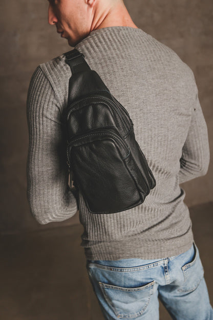 Handmade Black Genuine Leather Mens Sling Bag Gift for Him