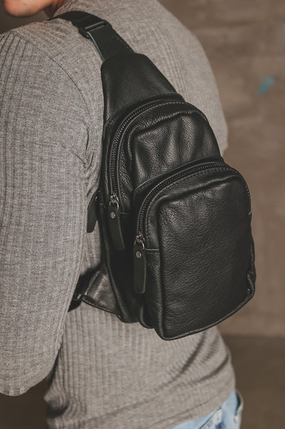Handmade Black Genuine Leather Mens Sling Bag Gift for Him