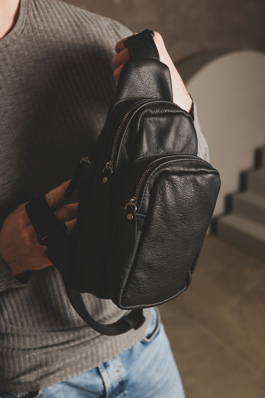 Handmade Black Genuine Leather Mens Sling Bag Gift for Him