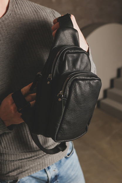 Handmade Black Genuine Leather Mens Sling Bag Gift for Him