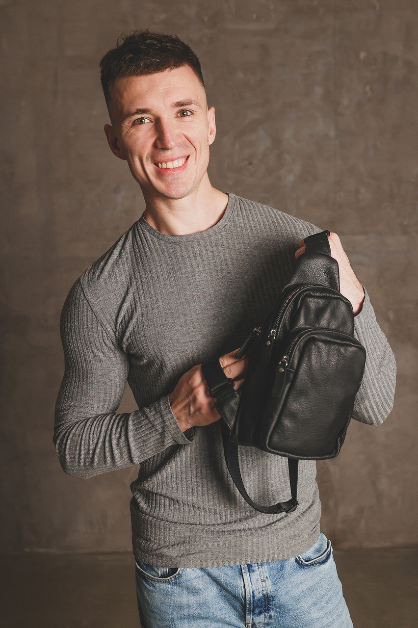 Handmade Black Genuine Leather Mens Sling Bag Gift for Him