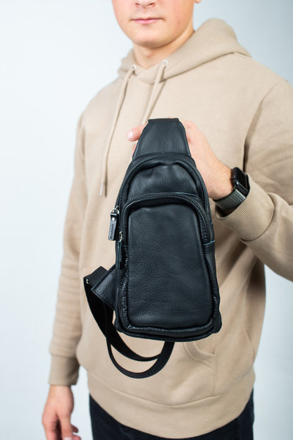 Handmade Mens Black Leather Chest Sling Bag Gift For Him