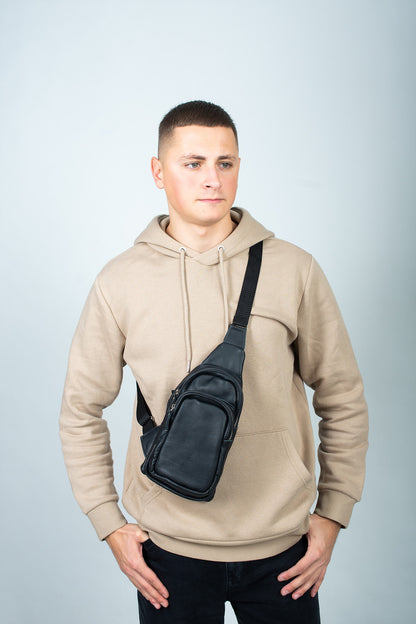 Handmade Mens Black Leather Chest Sling Bag Gift For Him
