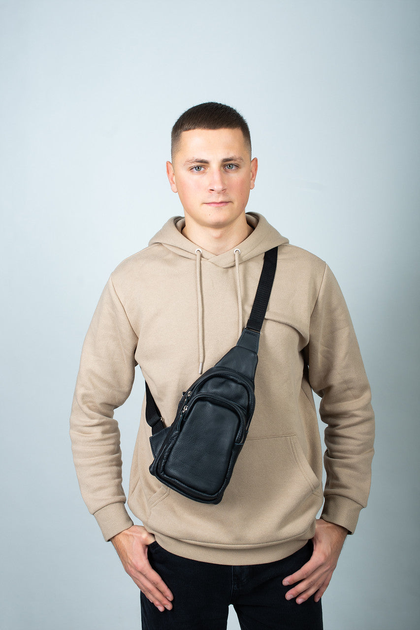Handmade Mens Black Leather Chest Sling Bag Gift For Him