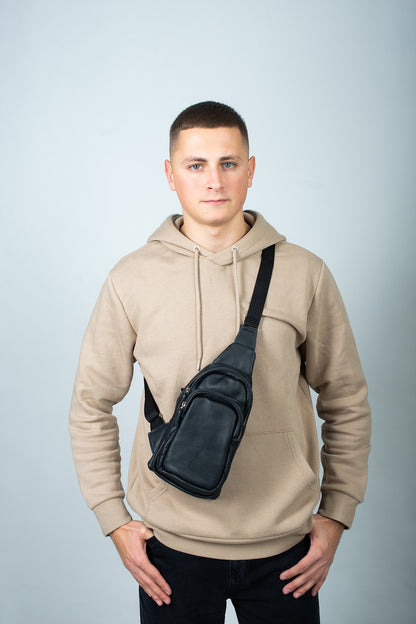 Handmade Mens Black Leather Chest Sling Bag Gift For Him