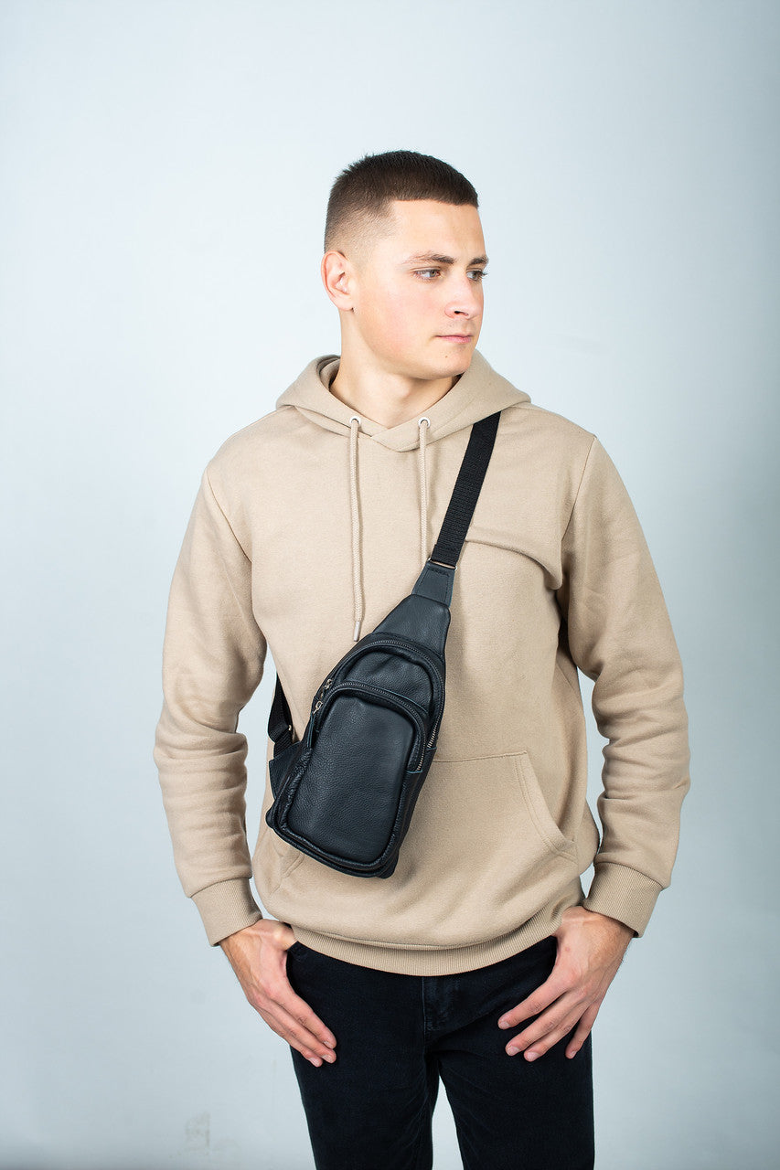 Handmade Mens Black Leather Chest Sling Bag Gift For Him