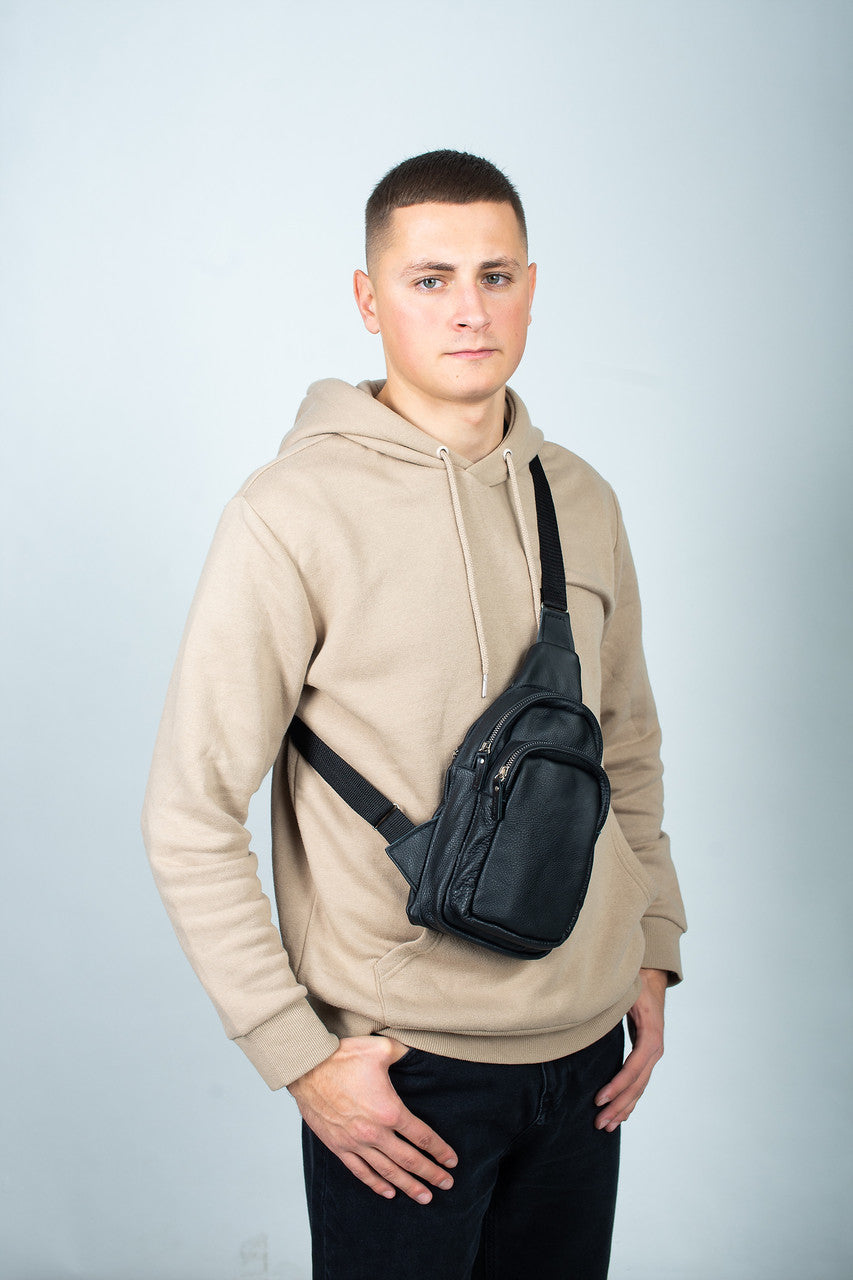 Handmade Mens Black Leather Chest Sling Bag Gift For Him
