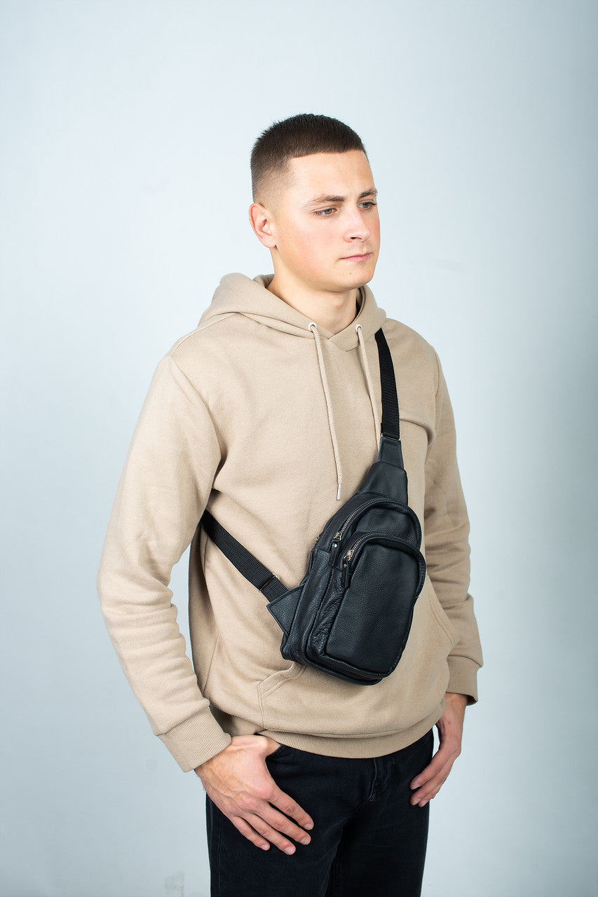Handmade Mens Black Leather Chest Sling Bag Gift For Him