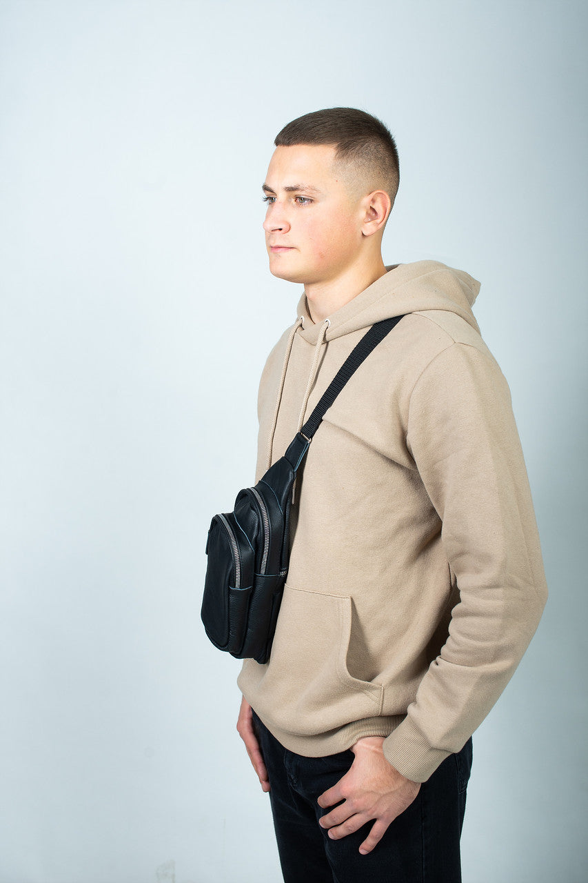 Handmade Mens Black Leather Chest Sling Bag Gift For Him