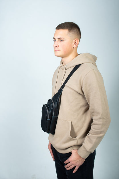 Handmade Mens Black Leather Chest Sling Bag Gift For Him