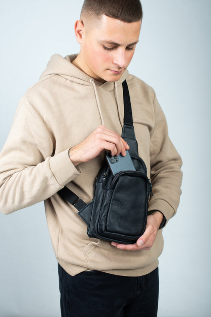 Handmade Mens Black Leather Chest Sling Bag Gift For Him