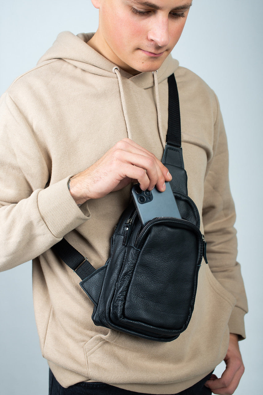 Handmade Mens Black Leather Chest Sling Bag Gift For Him