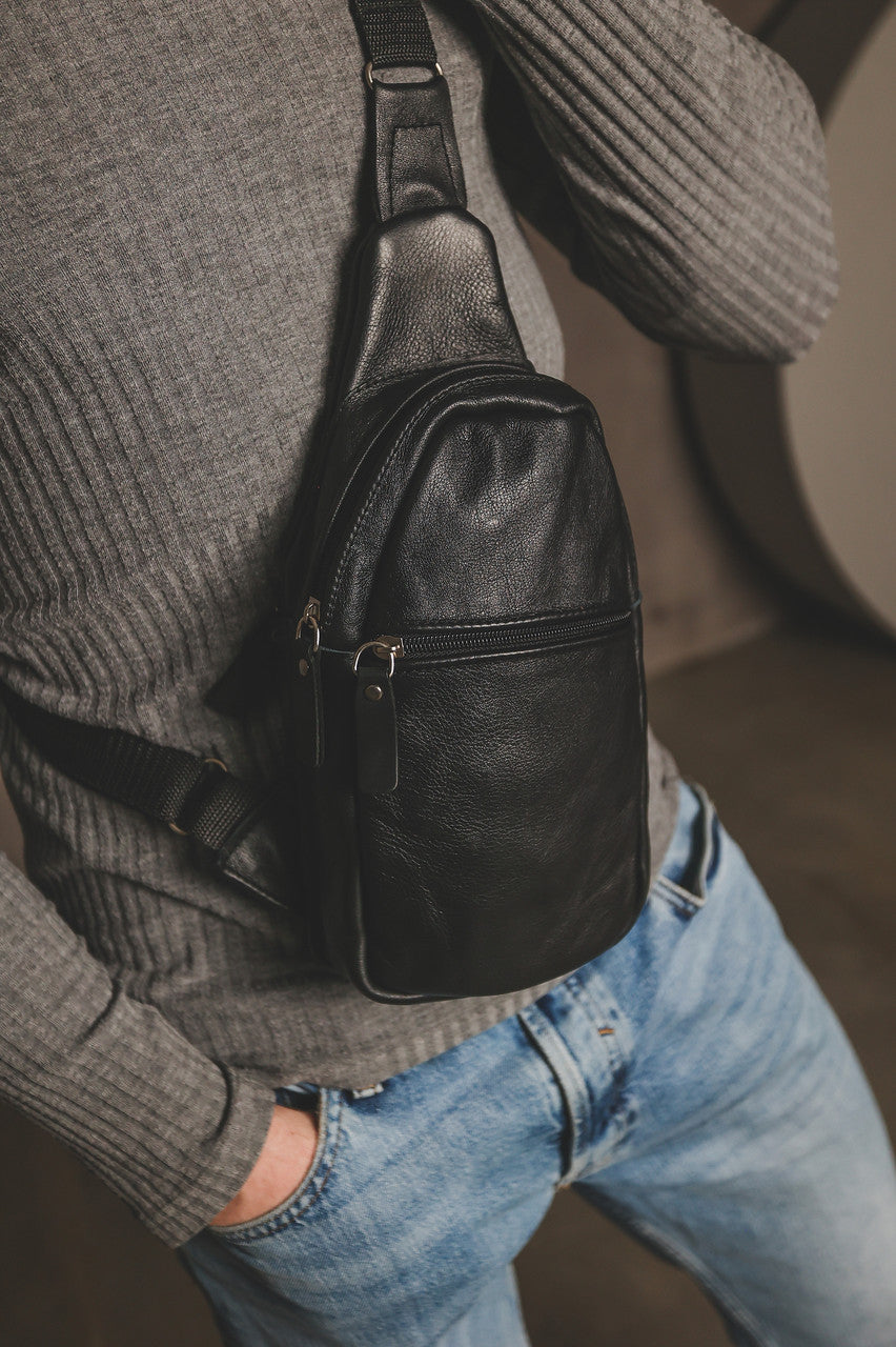 Handmade Black Leather Sling Bag for Men Gift for Him