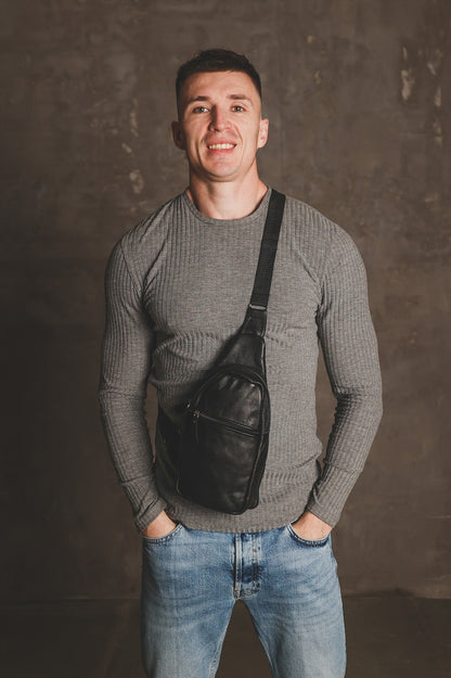 Handmade Black Leather Sling Bag for Men Gift for Him