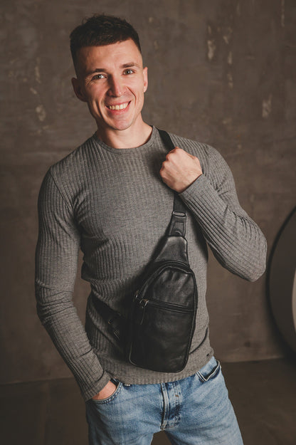 Handmade Black Leather Sling Bag for Men Gift for Him