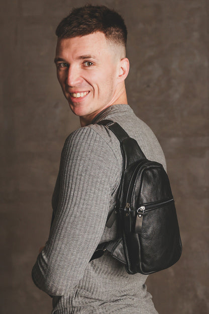 Handmade Black Leather Sling Bag for Men Gift for Him