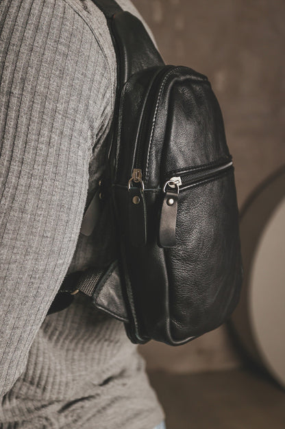 Handmade Black Leather Sling Bag for Men Gift for Him